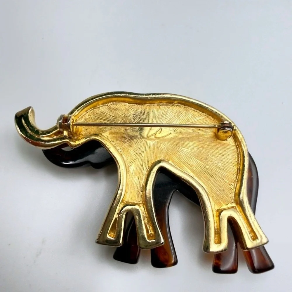 Vintage Liz Claiborne Elephant Brooch Faux Tortoiseshell Lucite Gold Tone Pin